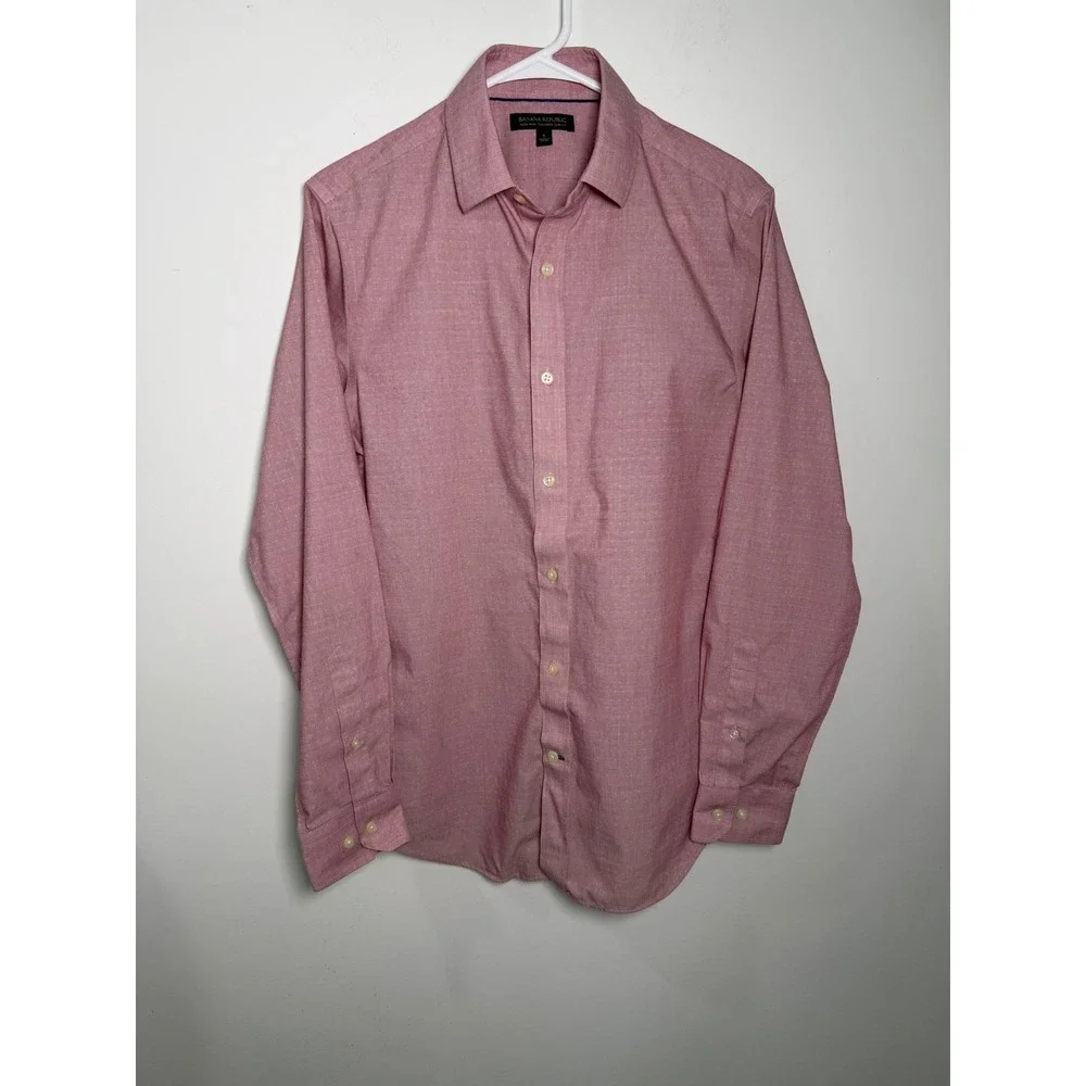 Banana Republic Mens Tailored Slim Fit Non-Iron Dobby Shirt Red Pink Small S